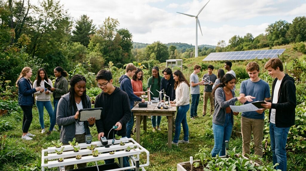 dix-huit adolescents unis dans un projet innovant pour promouvoir l'écologie au-delà des frontières, alliant créativité et engagement pour un avenir durable.