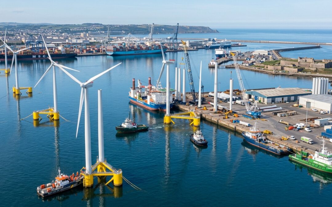 le port de cherbourg se lance dans l'éolien flottant grâce à un soutien de 10,5 millions d'euros de l'agence de la transition écologique, renforçant son engagement en faveur des énergies renouvelables.