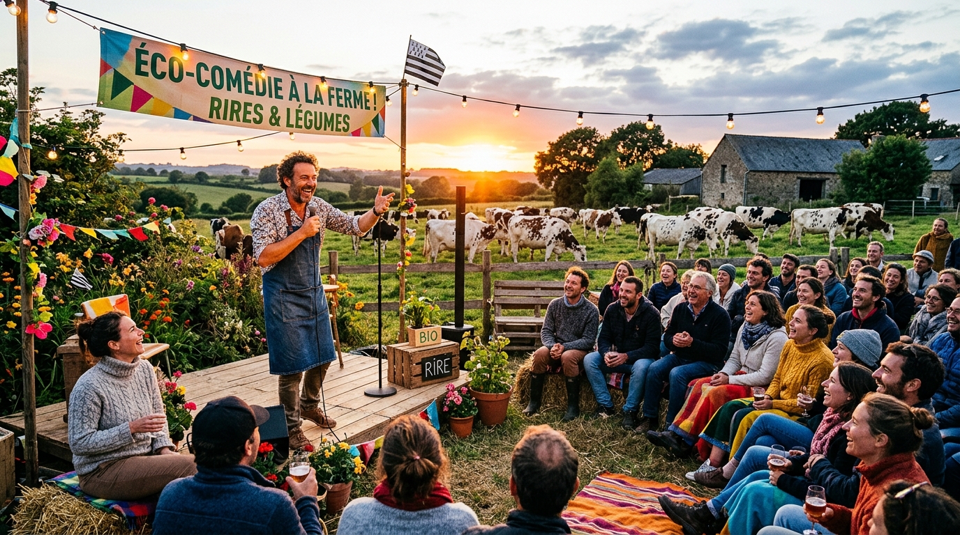découvrez un stand-up inédit dans une ferme des côtes-d’armor où un humoriste engagé mêle habilement rire et écologie pour sensibiliser tout en divertissant.