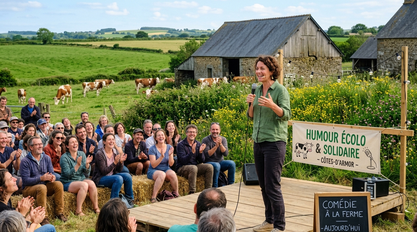 découvrez un spectacle de stand-up unique dans une ferme des côtes-d’armor, où un humoriste engagé allie humour et écologie pour sensibiliser tout en faisant rire.